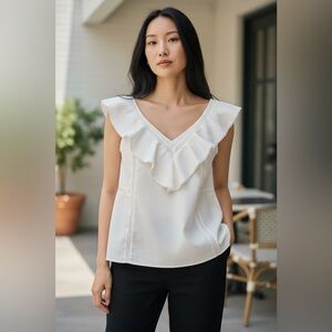 Sézane White Ruffle V-Neck Blouse French Style Paris Classic